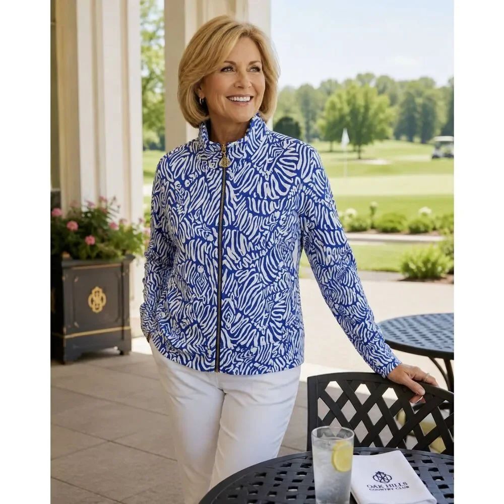 Lilly Pulitzer Womens Wrenley UPF 50 Zip Up Blue Zebra Print Athletic Jacket XXS